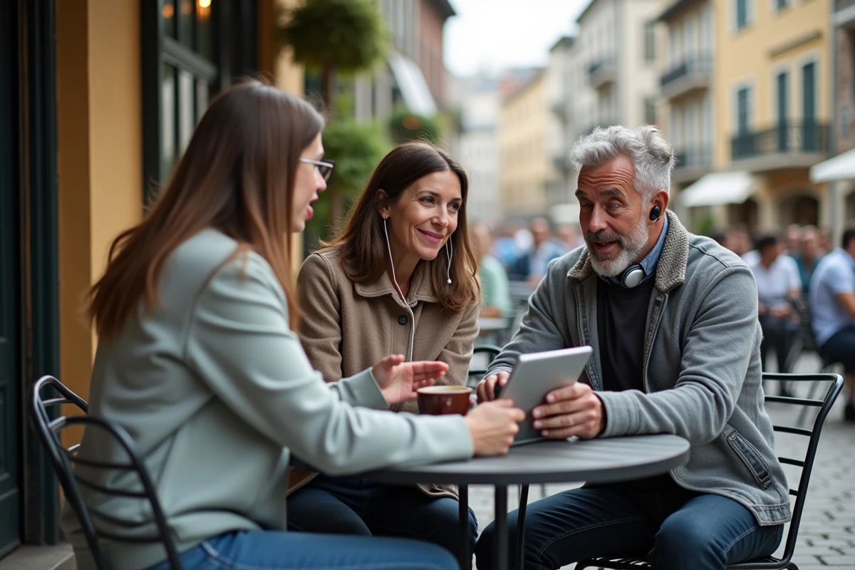 Groupe d'adultes pratiquant ensemble des exercices de compréhension orale en français autour d'une table de café en terrasse
