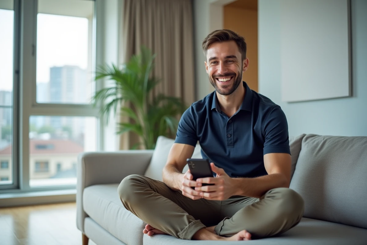 Homme consultant une application de location immobilière sur smartphone dans un appartement moderne