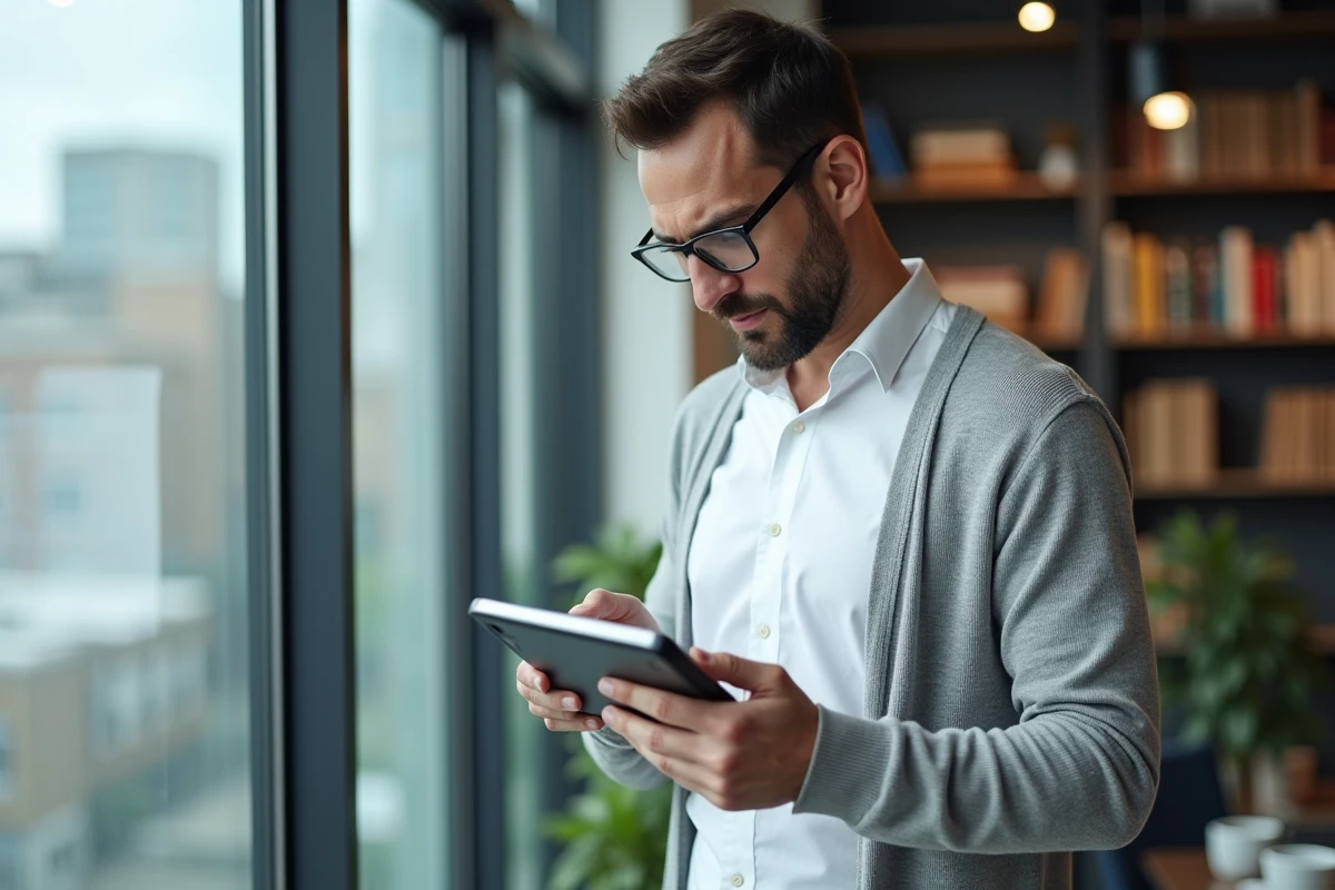 Homme d affaires regardant une tablette dans un bureau moderne