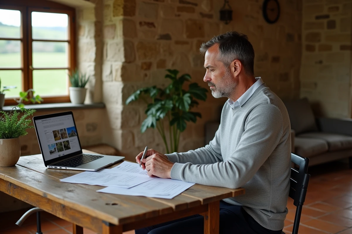 Homme d'affaires consultant des documents immobiliers dans un bureau en pierre de maison de campagne française