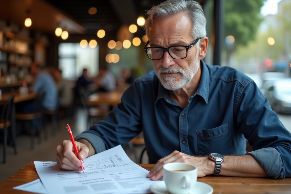 Homme relisant et corrigeant un document imprimé dans un café parisien avec un stylo rouge