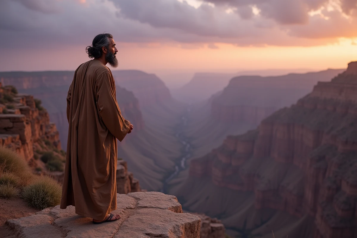 Homme contemplatif au bord d'une falaise rocheuse face à un paysage cosmique de vallées et montagnes évoquant les sept mondes spirituels