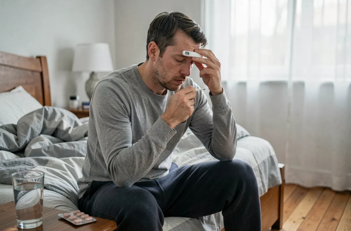 Homme malade prenant sa température avec un thermomètre numérique assis sur son lit à la maison
