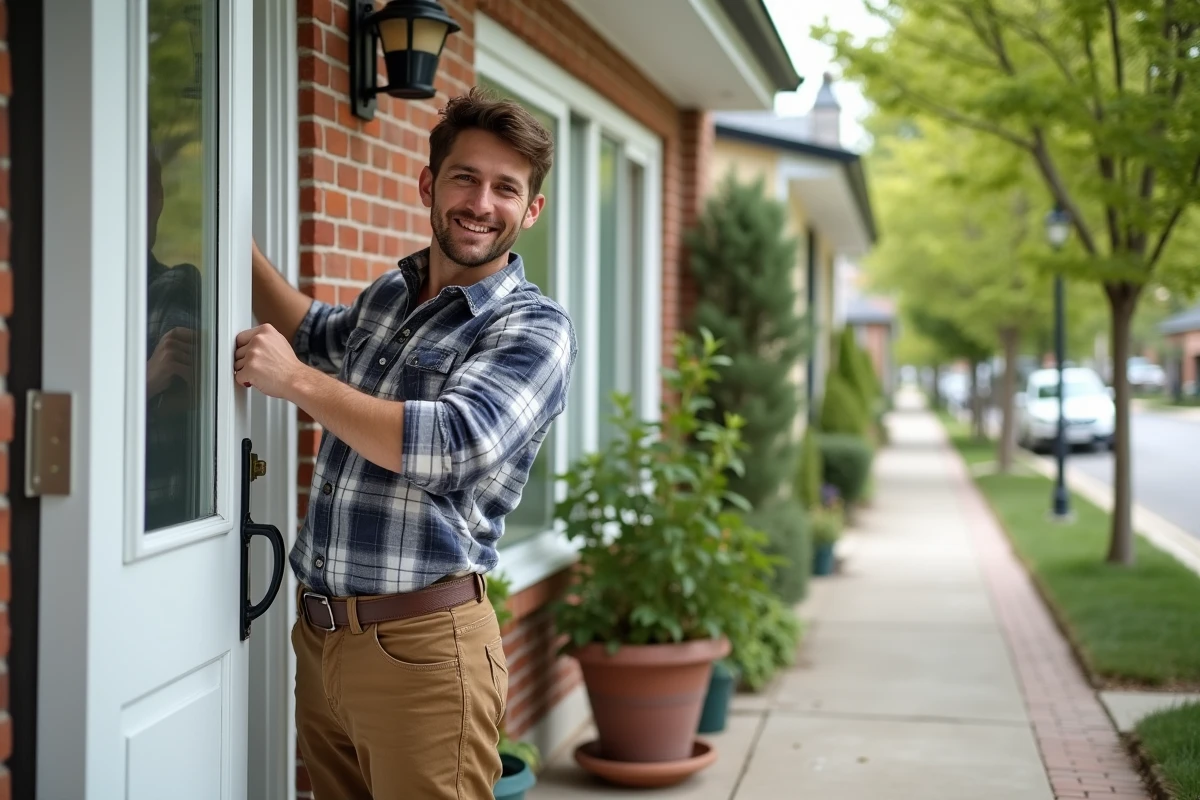 Homme fixant une poignée de porte sur une maison extérieure
