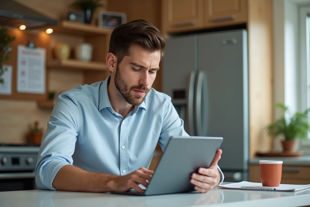 Jeune homme travaille à domicile sur des papiers juridiques sur tablette