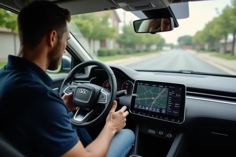 Homme en polo navy utilisant un GPS dans une voiture moderne