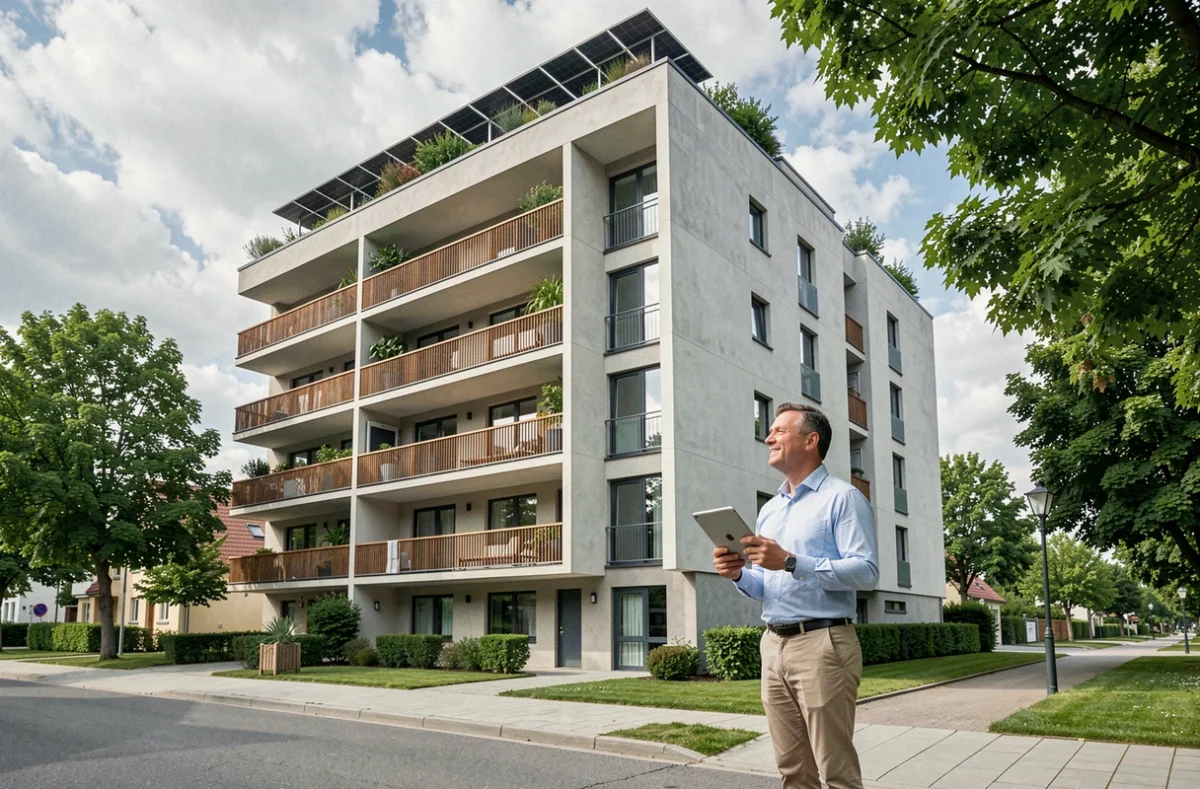 Immeuble résidentiel moderne et écologique représentant un investissement immobilier éthique et rentable