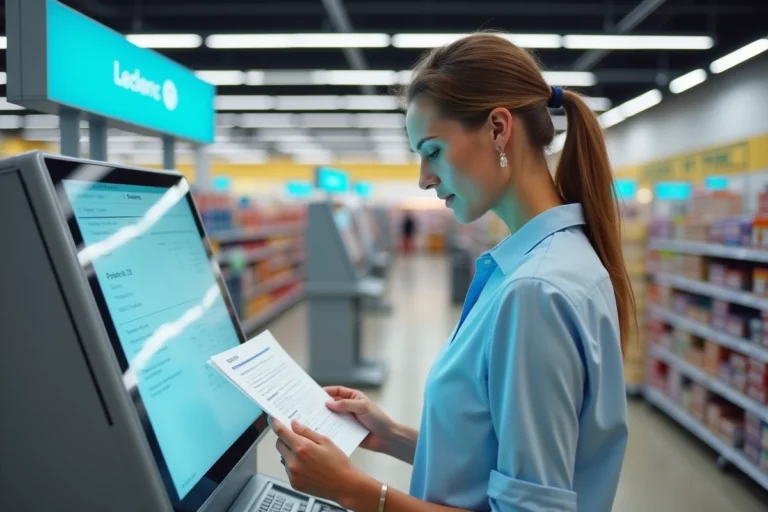 Femme utilisant une borne d'impression en libre-service dans un hypermarché Leclerc