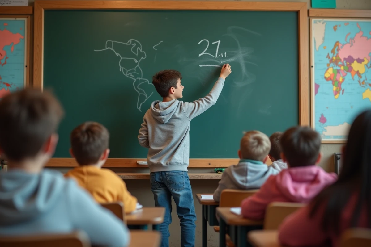 Adolescent écrivant 21st sur un tableau en classe