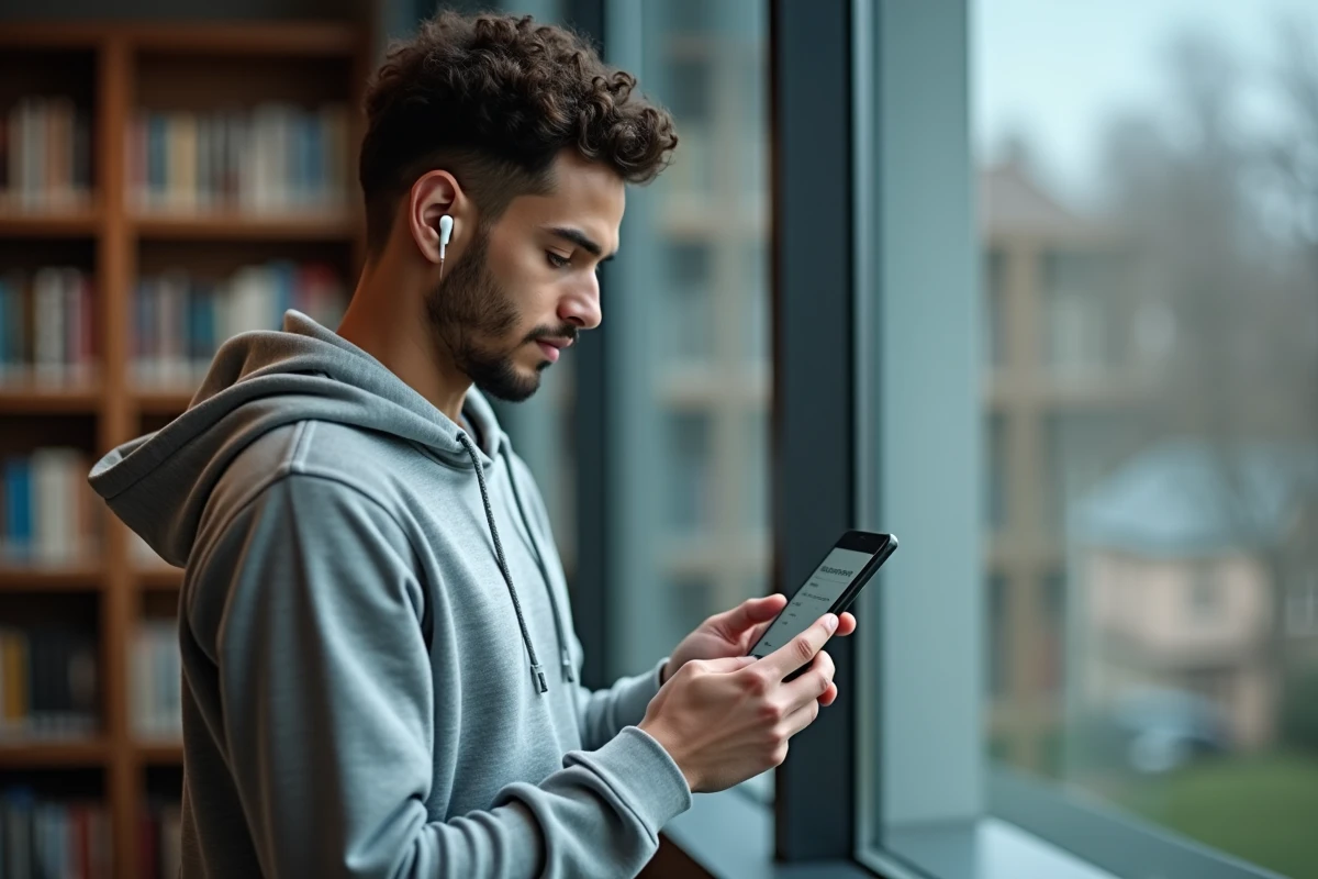 Jeune homme avec des écouteurs pratiquant l'écoute active en français dans une bibliothèque universitaire avec son smartphone