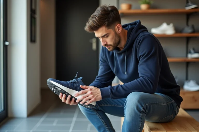 Jeune homme regardant la semelle de sa chaussure de sport