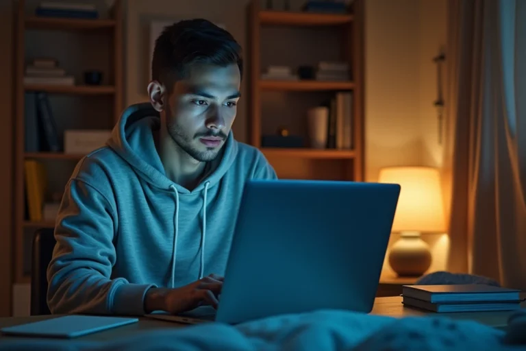 Jeune homme curieux devant un ordinateur portable dans sa chambre