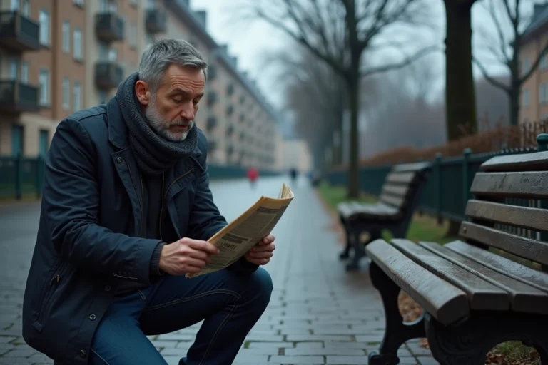 Journaliste homme en veste marine examine un journal ancien en ville