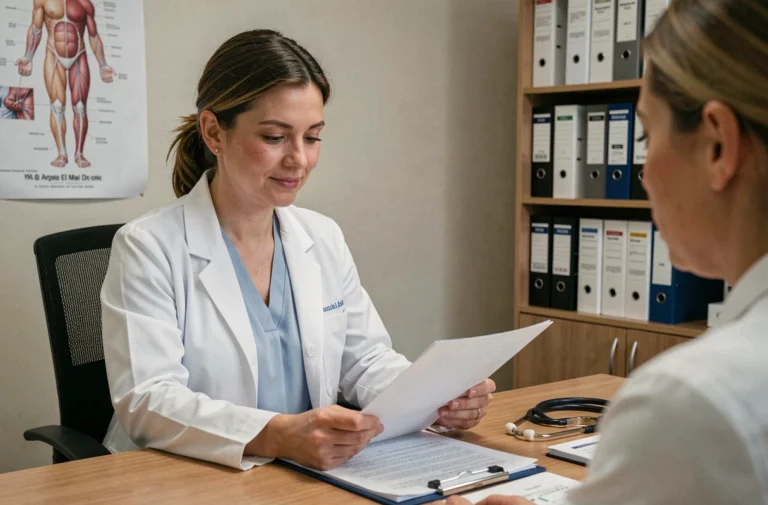 Médecin généraliste en consultation examinant un dossier médical avec attention dans son cabinet