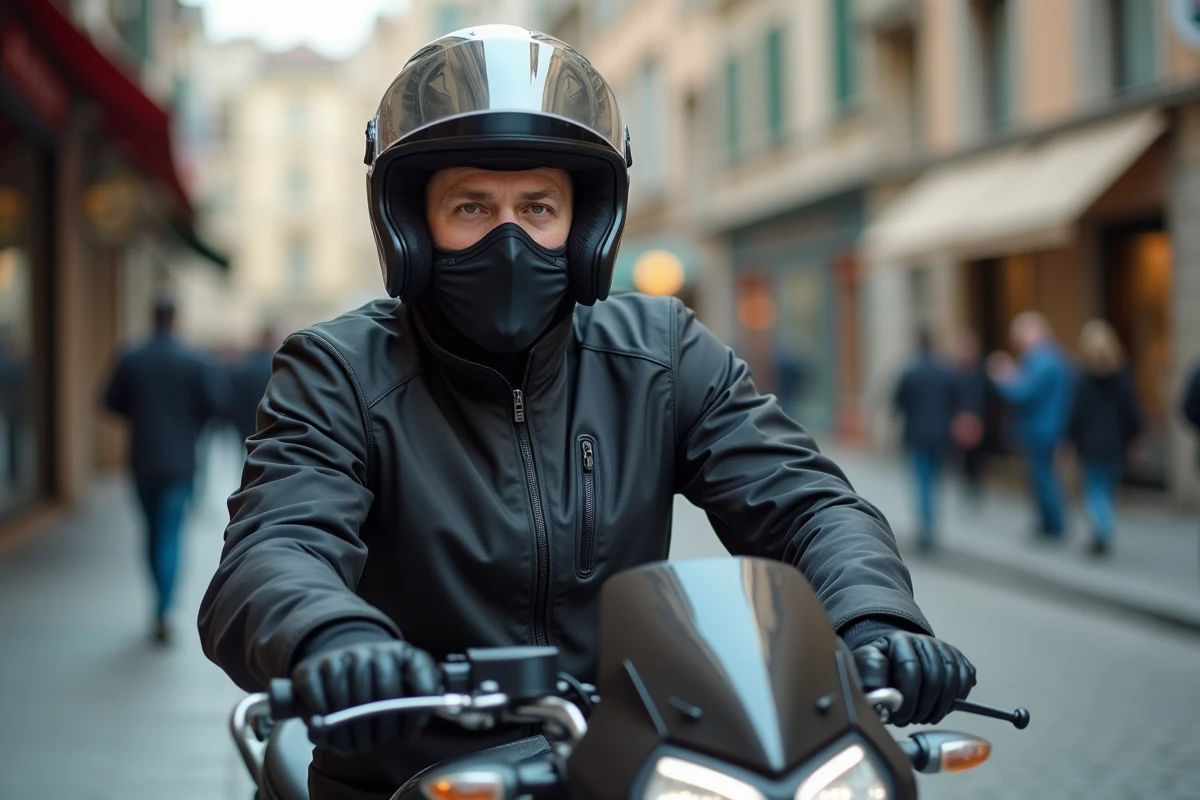 Motard portant une cagoule sous son casque intégral, équipement de sécurité moto en ville