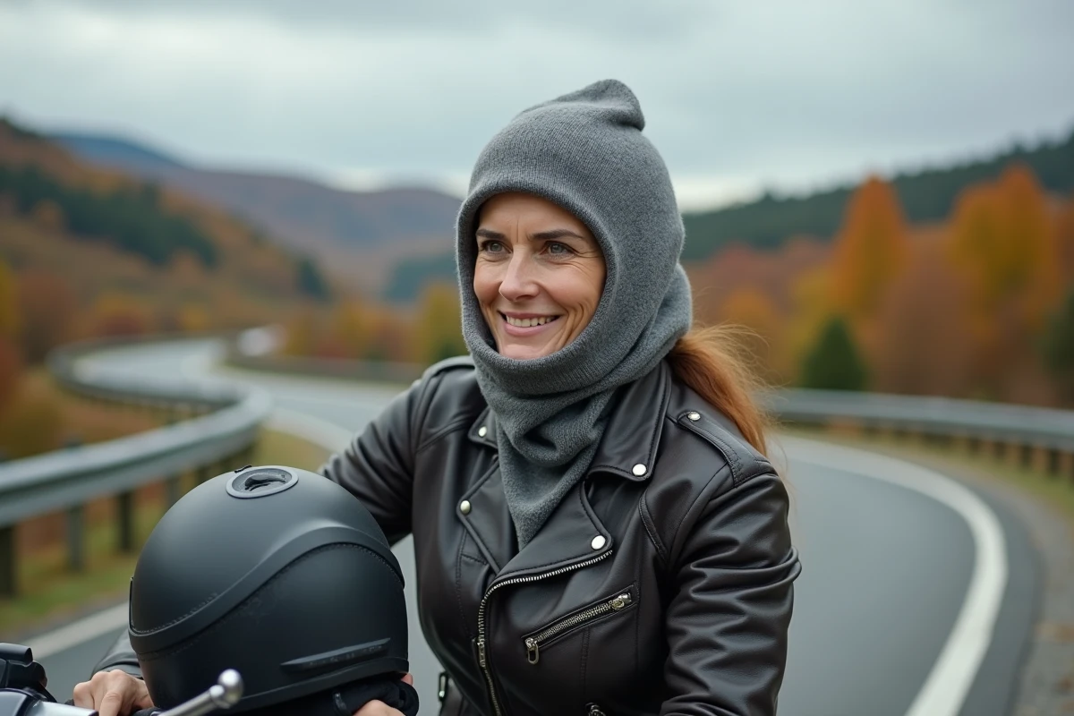 Motarde retirant son casque avec une cagoule thermique, sécurité et équipement moto sur route de campagne