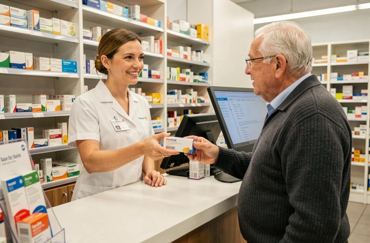 Pharmacienne remettant un médicament à un patient âgé au comptoir d'une pharmacie