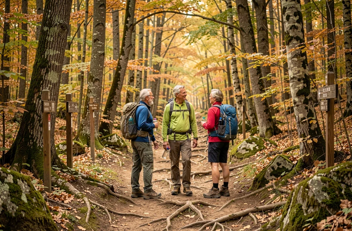 Groupe d'adultes en randonnée sur un sentier forestier, activité de plein air pour tous niveaux