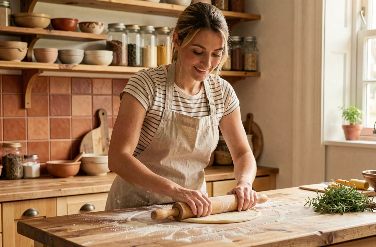 Femme préparant des pâtes fraîches maison sur un plan de travail en bois dans une cuisine chaleureuse et authentique