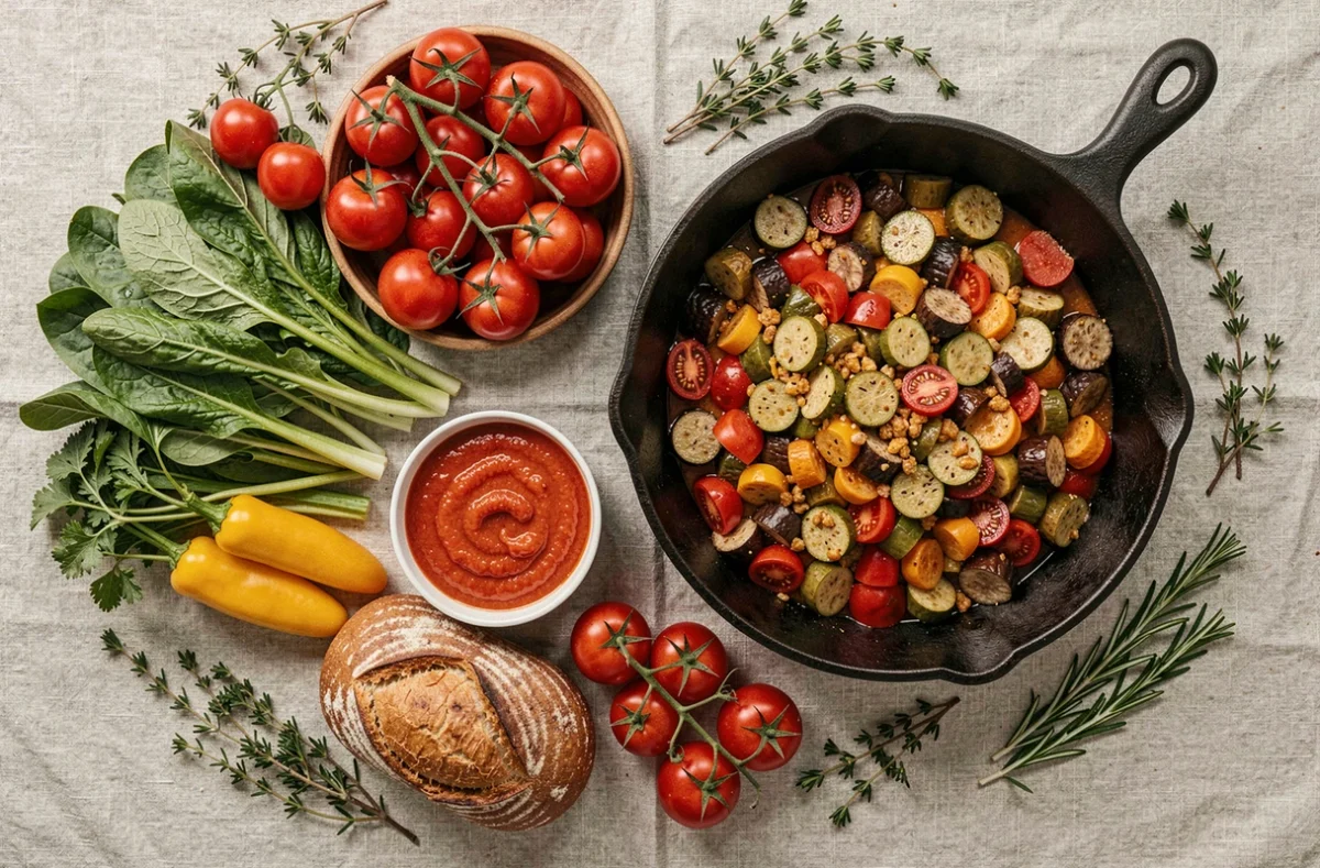 Vue aérienne d'un assortiment de légumes frais et d'une ratatouille mijotée dans une cocotte en fonte sur une table en bois rustique