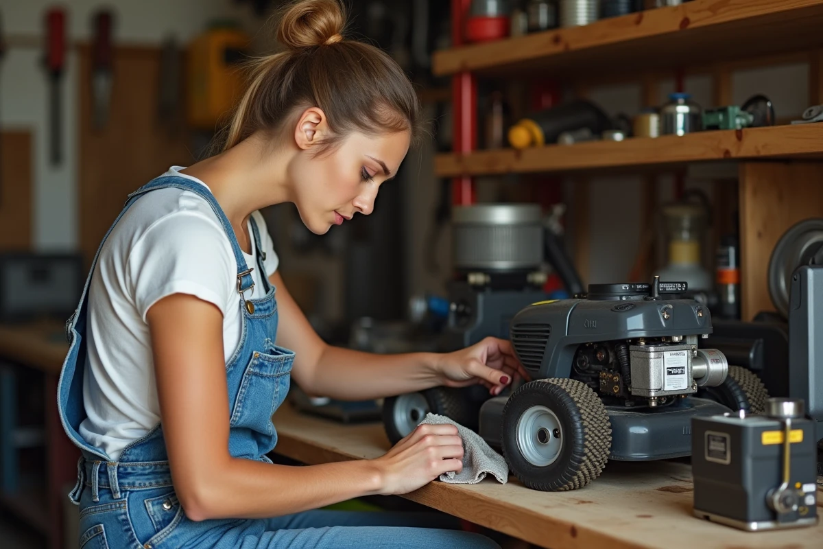 Jeune femme réparant un filtre à air de tondeuse dans un garage