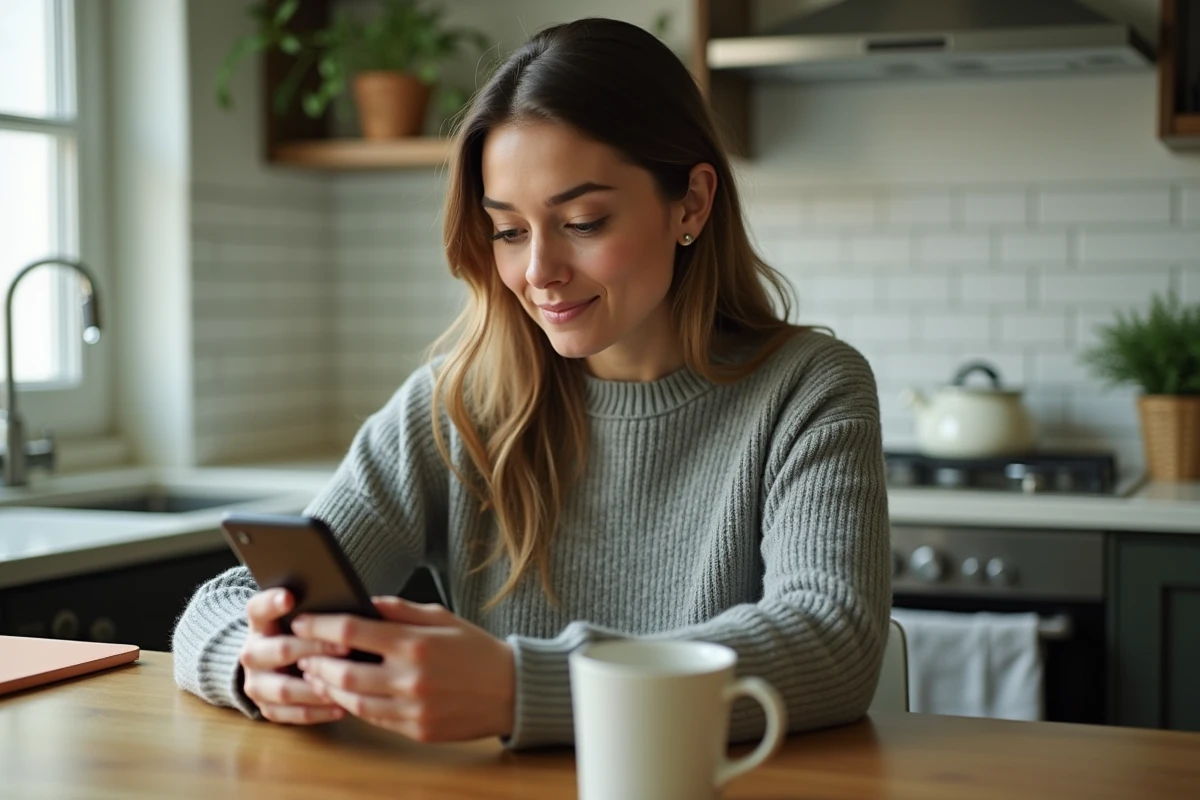 Femme résiliait un abonnement en ligne depuis son smartphone dans une cuisine moderne