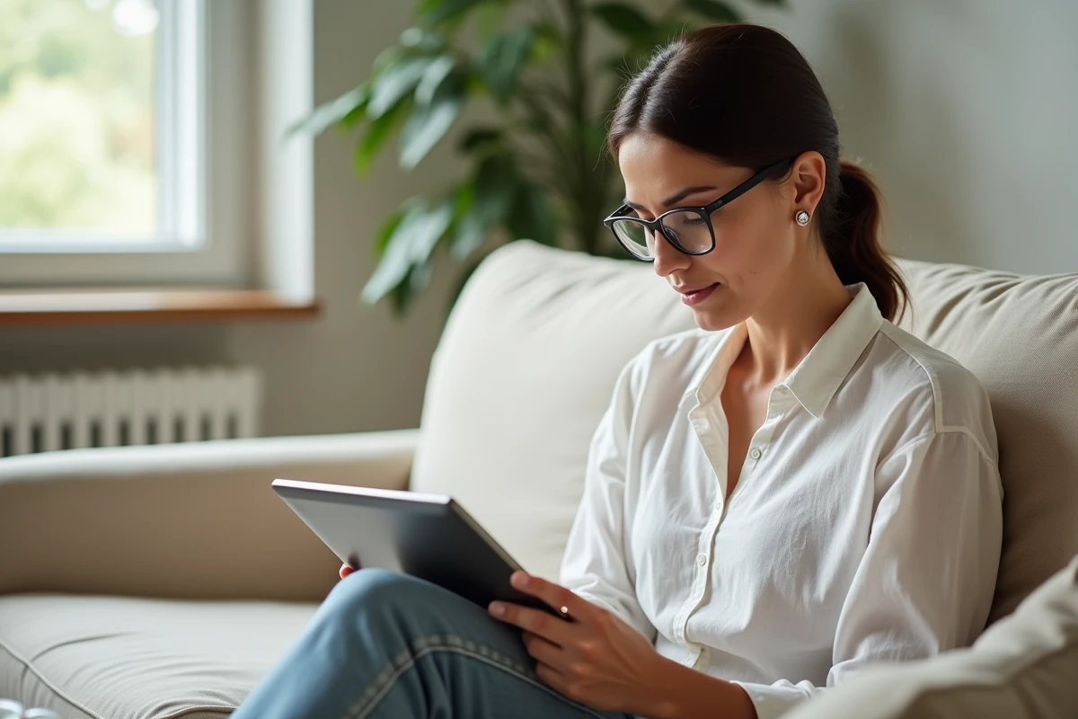 Femme lisant les étapes de résiliation d'un abonnement Meetic sur une tablette dans un salon