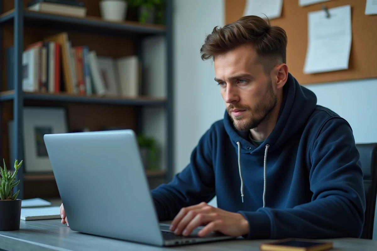 Homme gérant la résiliation d'un abonnement Meetic sur un ordinateur portable dans un bureau à domicile