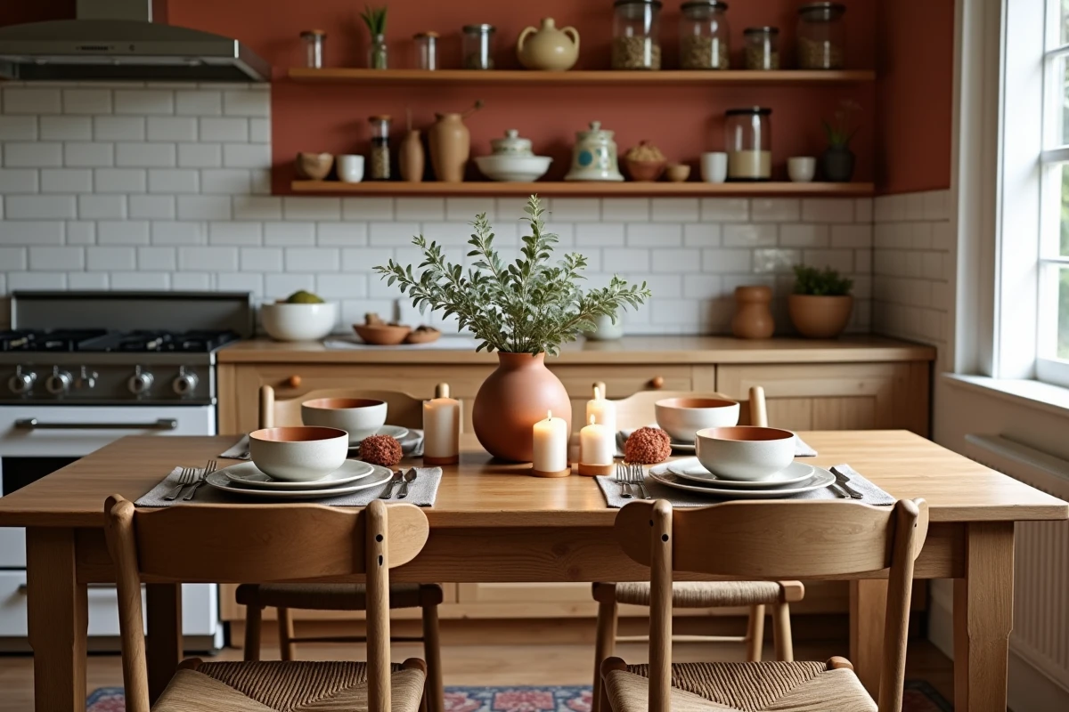 Table de salle à manger rustique avec vaisselle en céramique, bouquets séchés et décoration cosy pour un intérieur chaleureux