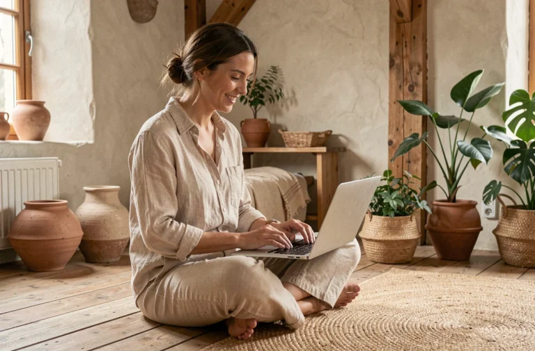 Femme parcourant un site de mode éthique sur son laptop dans un intérieur déco naturel et durable
