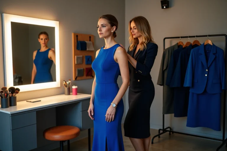 Styliste ajustant la robe d'une présentatrice météo dans la loge d'un studio de France 2 avant le direct