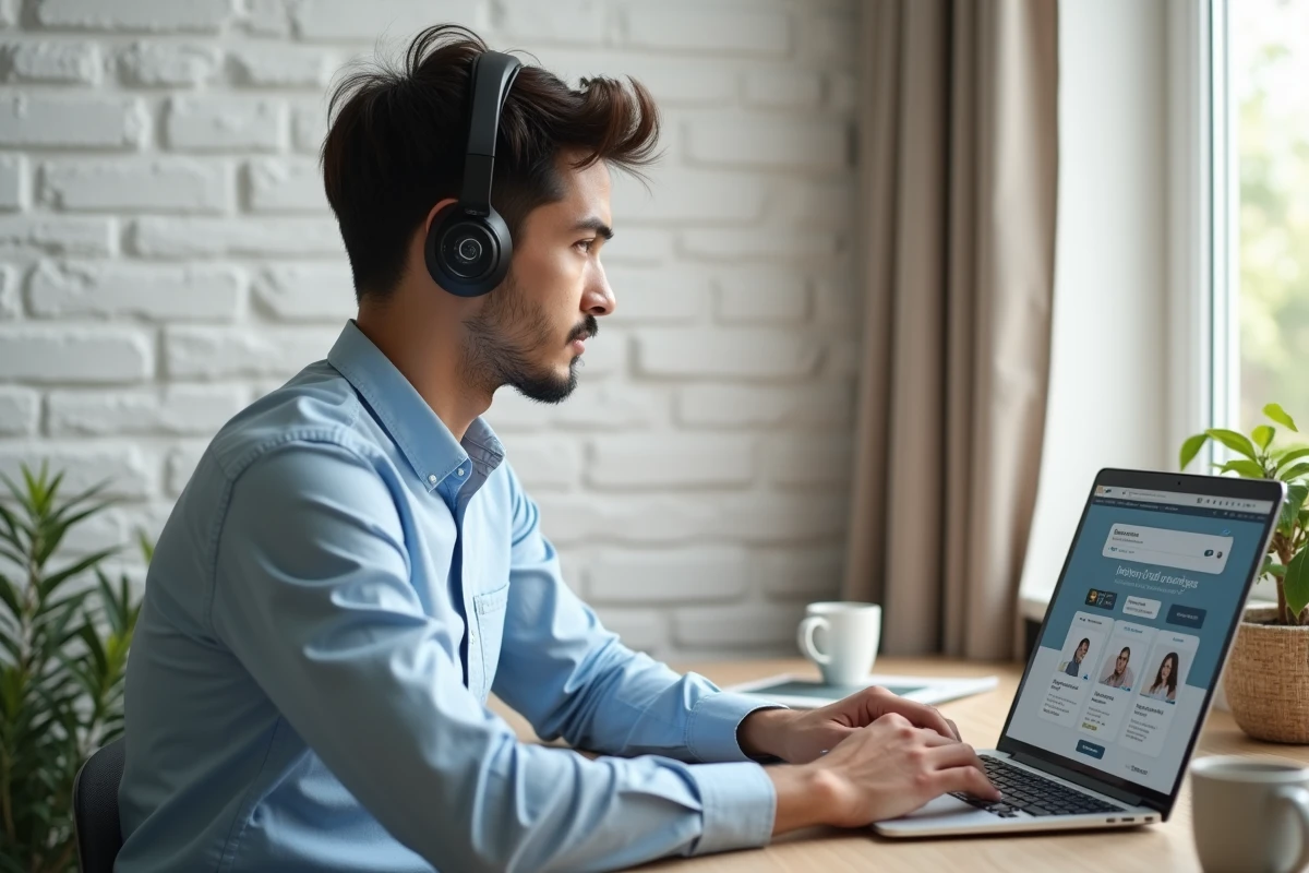 Jeune professionnel en télétravail suivant une formation en ligne sur une plateforme e-learning depuis son bureau à domicile