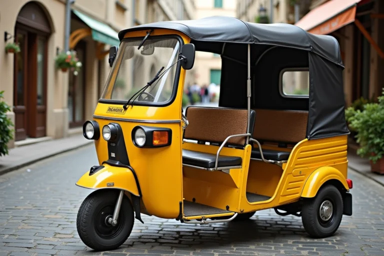 Tuk tuk jaune garé sur une rue pavée d'une ville française avec des bâtiments en pierre en arrière-plan